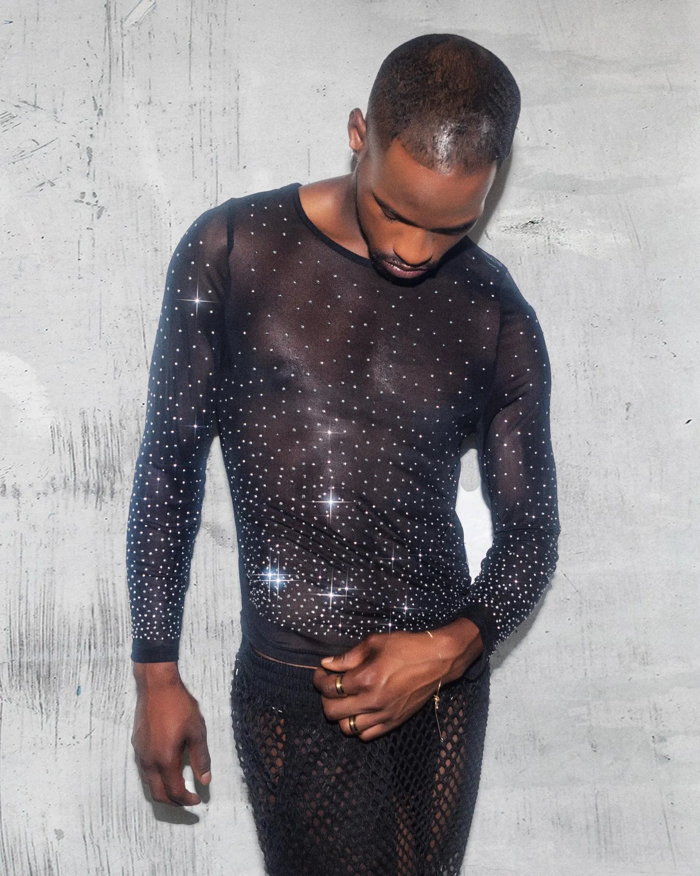 Sheer Black Rhinestone Long Sleeve Shirt for Men | Glittery Fashion Top