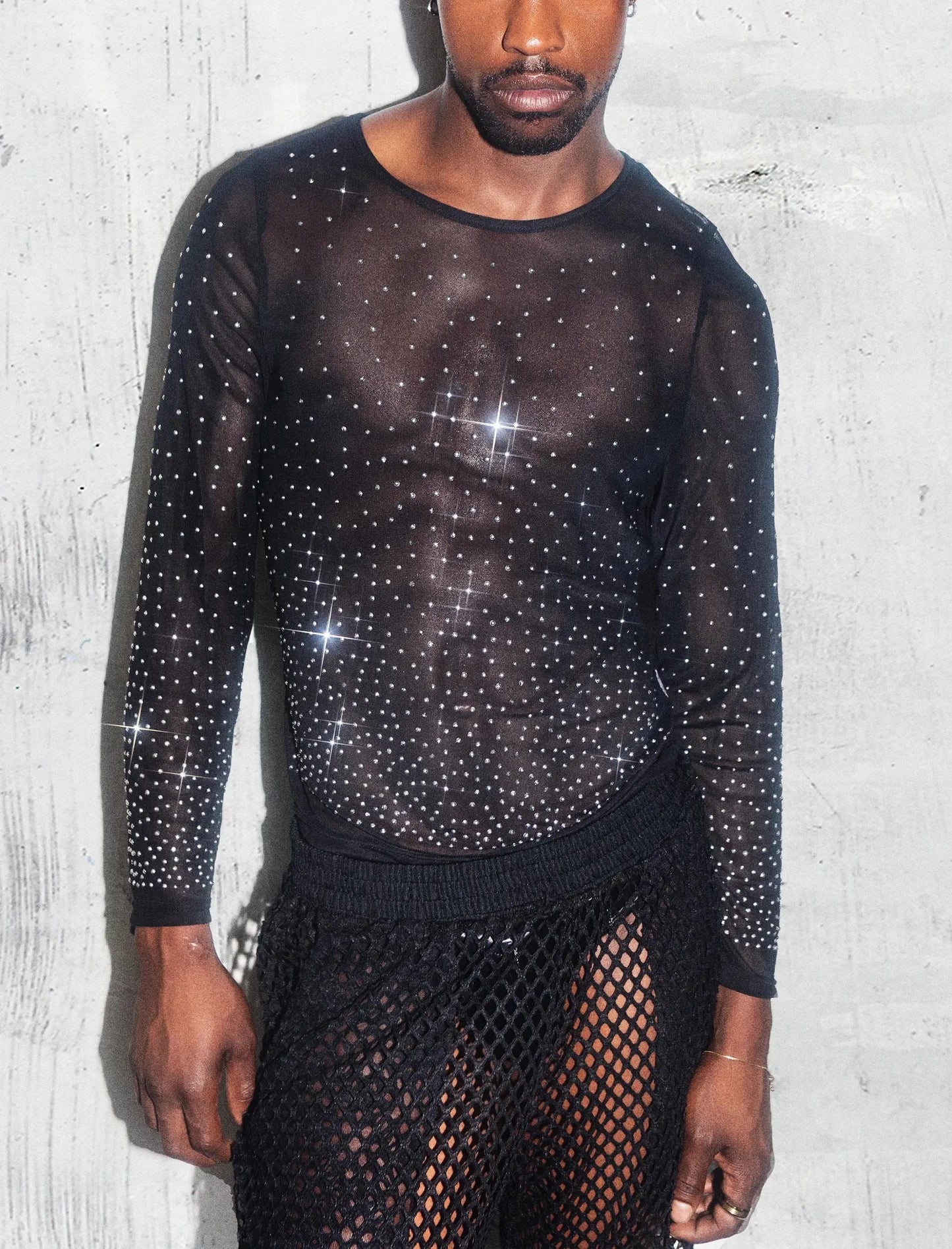 Sheer Black Rhinestone Long Sleeve Shirt for Men | Glittery Fashion Top